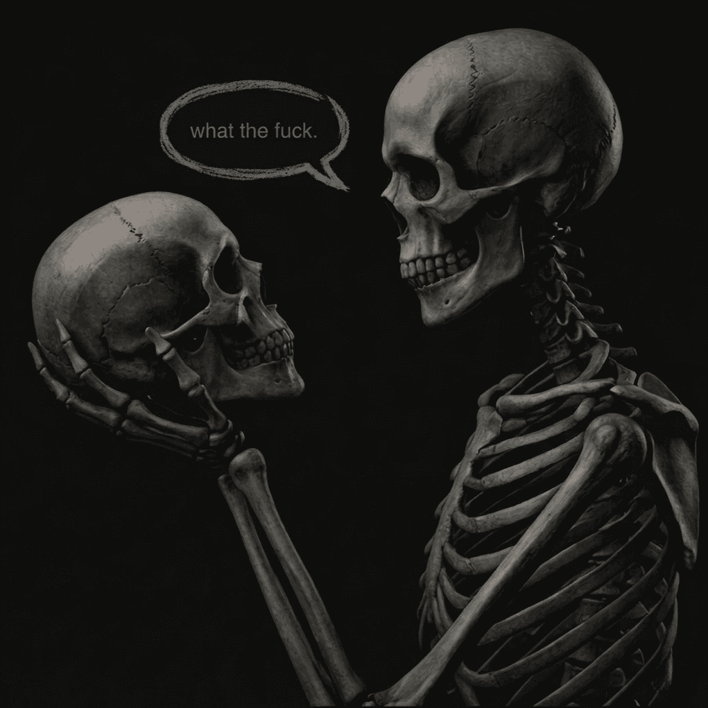 Two skeletons contemplating existence